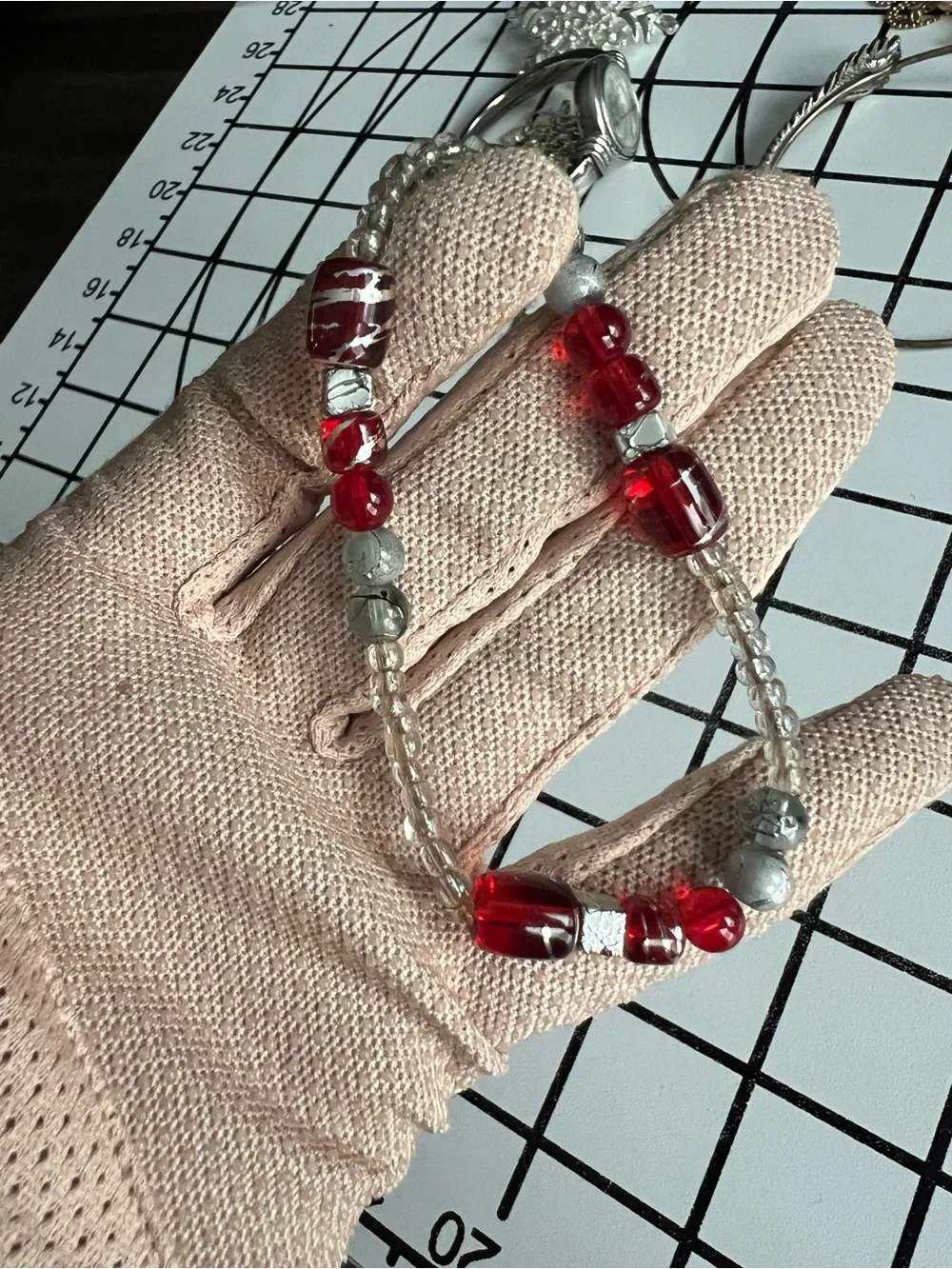 Handmade Red & Silver Glass Beaded Elastic Statement Bracelet